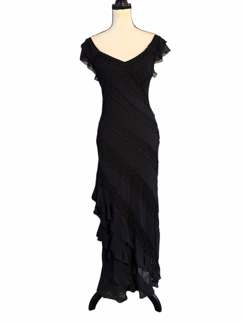 Vintage Sue Wong Nocturne Beaded Silk Sheer Mesh & Lace Ruffle Hem Maxi Dress - Picture 2 of 12